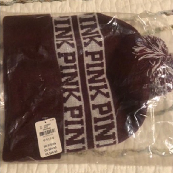 PINK Victoria's Secret Accessories - PINK Victoria's Secret Maroon and White Beanie